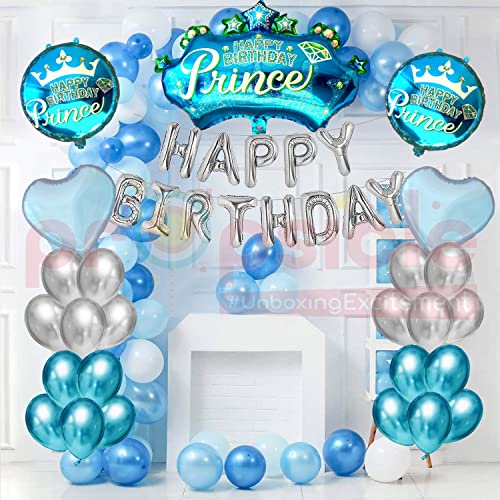 Image of Propsicle Happy Birthday Blue Prince Theme Foil Crown Balloon Bouquet With Silver Happy Birthday Letter Balloon & Blue | Silver Metallic Balloon - Pack of 52