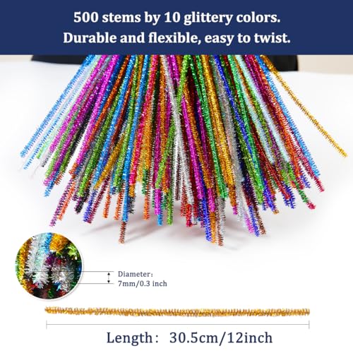 Image of Bundooraking 500 Glitter Pipe Cleaners in 10 Colors, Pipe Cleaners for Crafts, Arts and Crafts, Crafts, Craft Supplies, Art Supplies