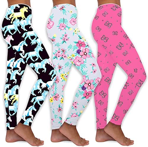 LUOUSE Stretch Slim Yoga Leggings for Toddler Girls Little Kids Skinny Floral Dance Footless Pants 3 Packs Sets Ankle Length Size 8T - 9T