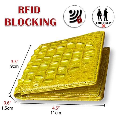 Image of Yellow Luxury Exotic Bifold Leather Wallet Men with Flip Out ID Window, Holder Credit Card, RFID Blocking, Leather Double Side Textured Gift Birthday, Wedding, Anniversary, Father's Day VINAM-108