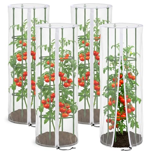 4 Pcs Garden Bird Netting Cover for Round Tomato Cage 59 x 18 Tomato Trellis Insect Barrier Protection Mesh Plant Cage Garden Net Cover with Zipper for Vertical Climbing Plants Vegetables Fruits