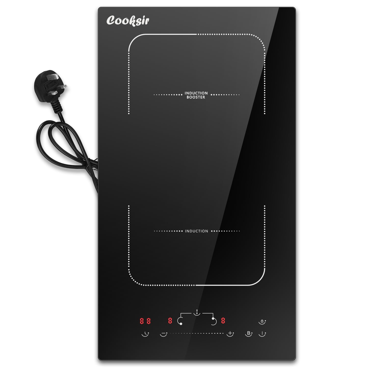 Cooksir Plug in Induction Hob 2 Zone, 30CM Electric Induction Hob, Flexible Combined Zone, Built-in 2800W, 2 Ring Electric Hob, 9 Power Levels, Safety Lock, 99-Min Timer, Slider Touch Control, 230V
