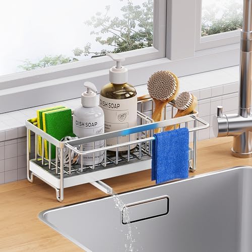 Cisily Stainless Steel Kitchen Sink Caddy Organizer, Sponge Holder for Sink Rustproof, Non-Slip Soap Dish Dispenser Brush Holder Storage, Home & Kitchen Essentials Accessories