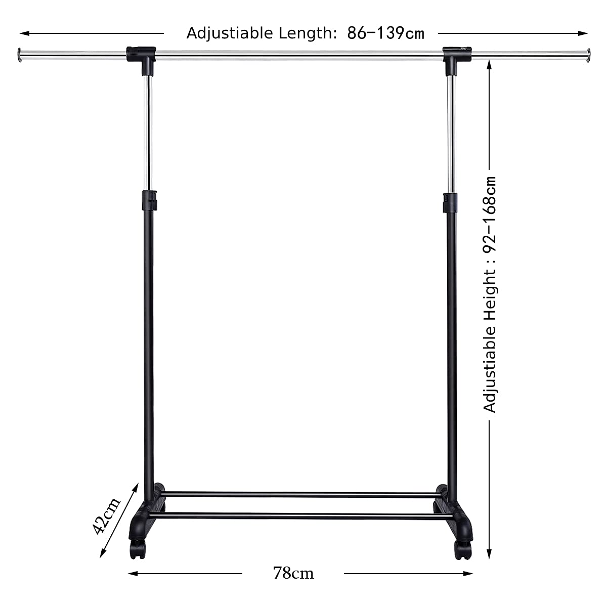 Metall-Kleiderständer mit 4 Rollen, Kleiderstange für Wohnzimmer, Schlafzimmer & Geschäft, Einzel-/Doppel-Kleidungsnizer (86139 x 42 x 92168 cm)