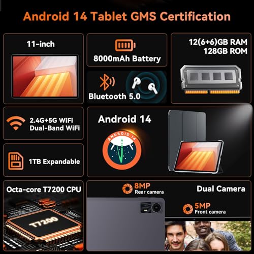 HUIHUANG Tablets 11 inch Android 14 Tablet with Case, Octa-core 12GB RAM+128GB ROM,8000mAh Tablet with Dual Band WiFi/BT 5.0/GPS/PD Fast Charge/FM Radio - Black - Image 3