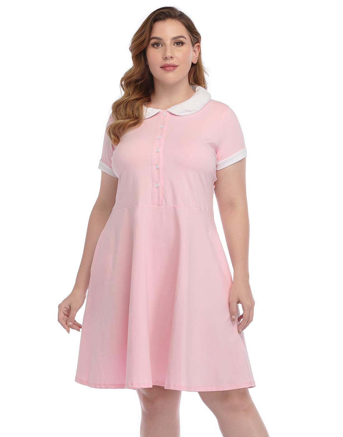 HDE Womens Plus Size Peter Pan Collar Dress Short Sleeve Fit and Flare A Line Collared Casual Skater Dress Knee Length