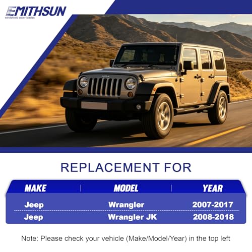 Image of EMITHSUN Replacement for 2007-2017 Jeep Wrangler Windshield Wiper Blades | 15 inch+15 inch+13 inch,OEM Quality,Front & Rear Wipers,Stable & Quiet Performance,All-Seasons Rubber Wiper Blades,Streak-Free Wiping