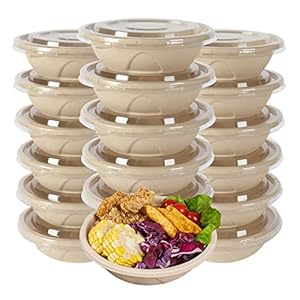 25OZ Round Disposable bowls with lids, Sugarcane Fiber Paper Bowls take away food containers meal prep food storage deli container Freezer Safe 50 PACK