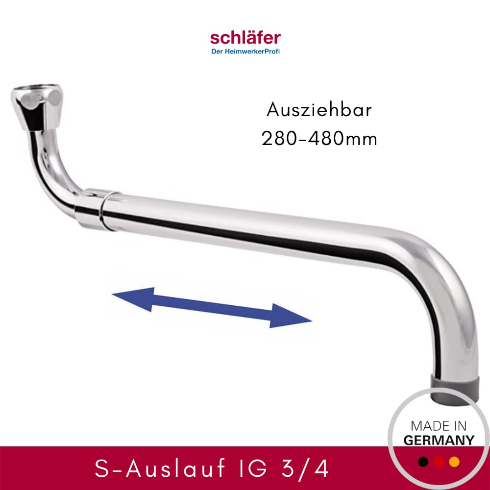 Schläfer 401010 | Caño extensible en S para grifo de pared - 300-500 mm - Caño en S con regulador de chorro Neoperl - Caño giratorio para batería de pared - Cubierta IG3/4 - Latón cromado