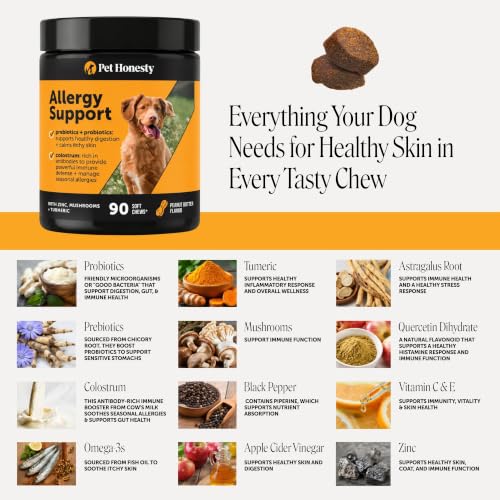 Image of Pet Honesty Dog Allergy Chews - for Paw Licking, Itching & Seasonal Allergies - with Colostrum, Probiotics & Salmon Oil - Vet Recommended Itch Relief Supplement for Dogs (Peanut Butter, 90 Ct)