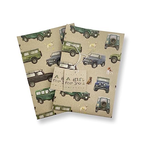 4 x 4 Off Roader Recycled and Recyclable Gift wrap with Spaniel, Labrador and Collie Dogs - 2 Sheets and 2 Strung Tags - Birthday - Christmas - Father's Day