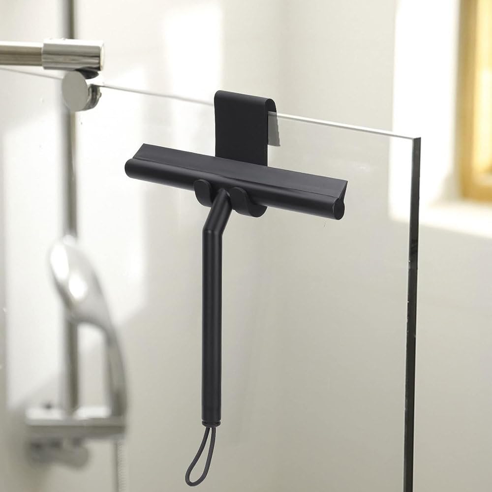 Limpiador de Ducha para Puerta de Vidrio, raspador de Pared de Ducha con Soporte de Silicona, Limpiador de Espejo de baño, raspador de Vidrio, Gancho Negro, 1 Pieza