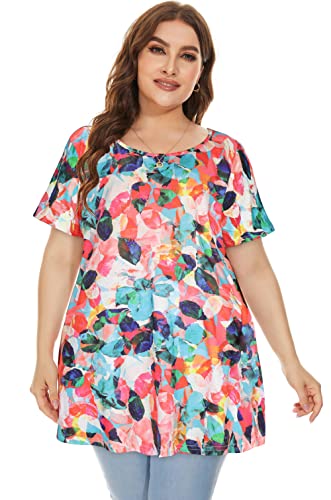 Joellyus Plus Size Tops For Women Tunic Floral Casual Short Sleeves Tee-Shirts(Crlf,3Xl) #TOP4