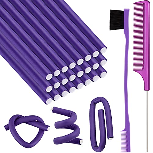 24 Pieces Flexible Foam Curling Rods Twist Foam Hair Roller Bendy Rollers Soft No Heat Hair Rollers and Hair Edge Brush Rat Tail Comb for Women Girls Short Medium Long Hair (0.3 x 9.4 Inches, Purple)