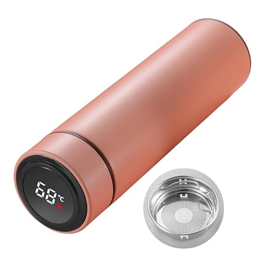 TAKEY水筒 500ml スマートボトル 魔法瓶 真空断熱 直飲み 蓋付き 温度表示 304ステンレス鋼 ボトル 保温 保冷 水洗い可 大容量 軽量 持ち運び便利 ビジネス アウトドア 黒 おしゃれ 温度計付き (23*6.5cm,(高級)ピンク)