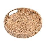 QZOFOTA Round Serving Tray Hand-Woven Wicker Basket 11.8x1.9in Water Hyacinth Baskets with Handles,Coffee Table Tray for Fruit,Arts,Crafts