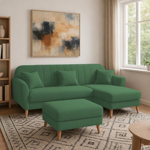 Image of Atticus RHS 4 Seater L Shape Sofa Set with Ottoman for Living Room (Green Fabric) Premium Fabric Sofa Set