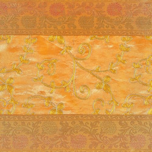Image of E-EZRA Banarsi Brocade Jacquard Silk Center Table Runner Coffee Brown Long Ethnic Table Home Decor Floral Traditional Dining Table Cloth Runner Up | 72 By 14 Inches Gold