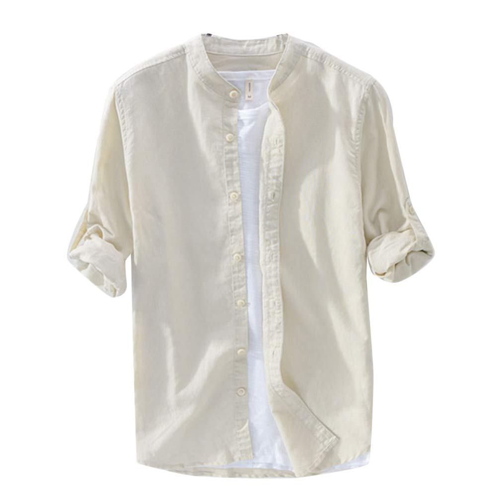 GUOCU Camisa De Lino Hombre Manga Larga Sin Cuello Camisas Casual Camiseta Basica Shirts con Botones