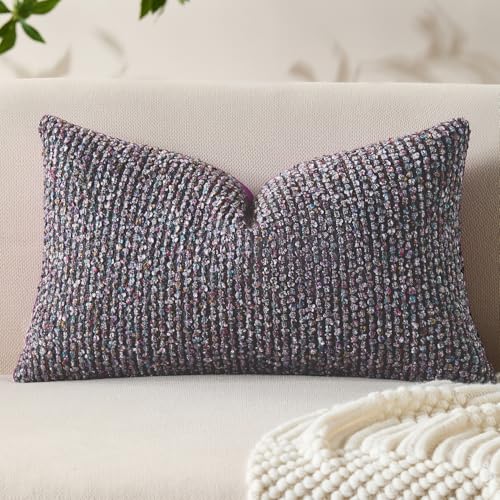 Allorry Decorative Lumbar Pillow Cover 12x20 Purple Striped Soft Wool Lumbar Throw Pillow Neutral Textured Boho Cushion Covers for Modern Farmhouse Sofa Bedroom Living Room Decor SY011-E12