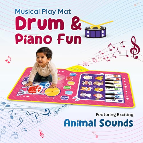 Image of 3-in-1 (Cat & Unicorn) Piano Mat for Toddlers, Piano & Drum Mat with 2 Sticks, Featuring Animal, Piano Sounds, Educational Toy for 12 Months+,Ideal for 1-3 Year Toddler - Pink
