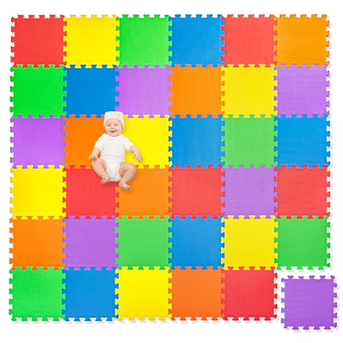 Image of Non-Toxic Extra-Thick 36 Piece Children Play & Exercise Mat - Comfortable Cushiony Foam Floor Puzzle Mat, 6 Vibrant Colors for Kids & Toddlers