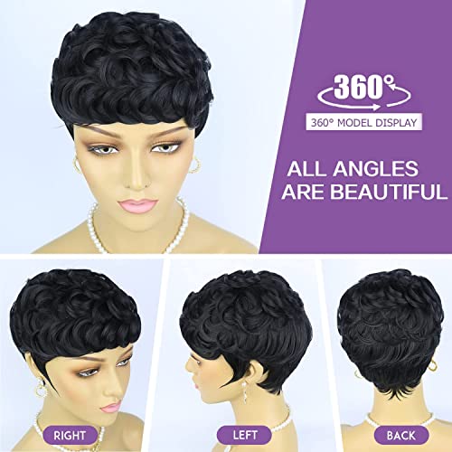 Evasens Short Curly Wigs For Black Women Pixie Cut Wig For Women Short Hair Black Wig With Bangs Synthetic Wigs Pixie Wigs For Black Women (Pluffy Curly) (1B#) #TOP5