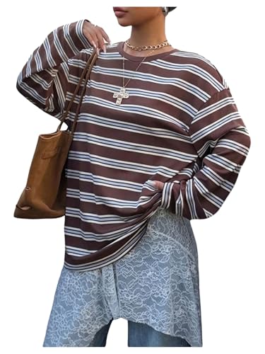 SHENHE Women's Striped Long Sleeve Shirt Y2k Oversized Crew Neck Drop Shoulder Tee Preppy Top Brown Medium