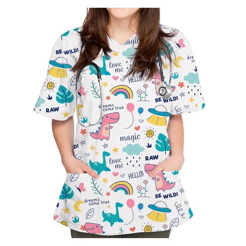 Uniforme De Enfermera Uniforme quirúrgico for mujer, uniformes quirúrgicos con estampado de dibujos animados de dinosaurio bonito, camiseta de manga corta con cuello en V for mascotas, uniformes quirú