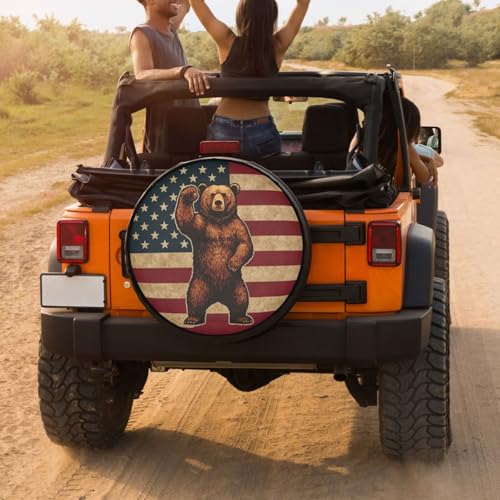 Image of Brown Bear American Flag Spare Tire Cover Dust-Proof Wheel Tire Cover Fit Trailer, RV, SUV and Many Vehicle 17 Inch