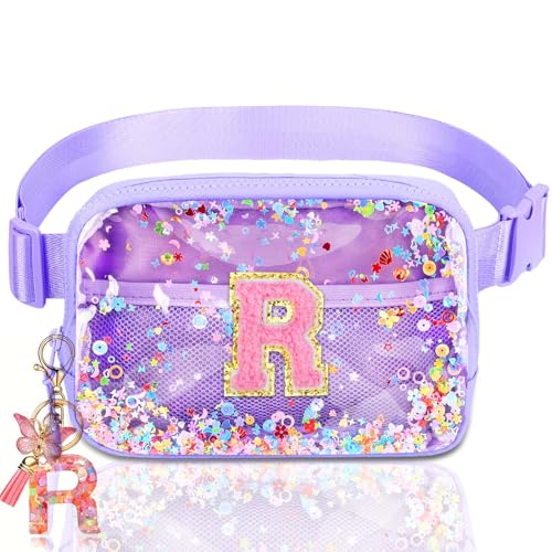 Image of Initial Fanny Pack for Girls - Belt Bag for Teens Kid Teen Girl Kid Birthday Gift Clear Purple R