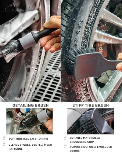 7PCS Pro-Grade Wheel Cleaning Kit: Long Handle Soft Wheel Brushes, Detailing Brush, Tire Scrubber, Wash Mitt, Hex-Logic Applicator & Microfiber Towel for Deep Car Detailing - Image 7