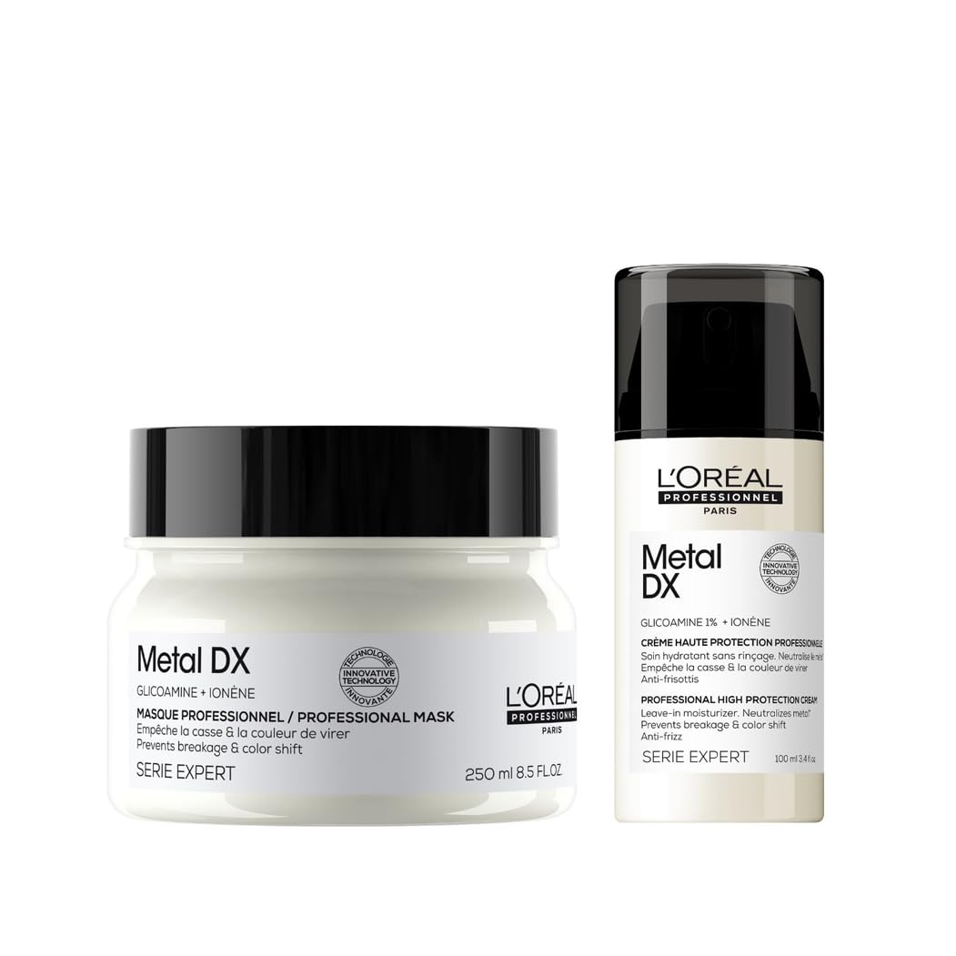 L'Oréal Professionnel Pflegeduo für alle Haartypen, beugt Haarbruch & Farbveränderungen vor, Anti-Frizz, Hitzeschutz, Mit Glicoamin, Serie Expert, Metal DX Haarmaske & Leave-In Cream