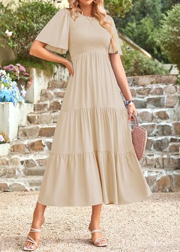 Image of KIRUNDO Summer Dresses for Women 2026 Spring Casual Flutter Short Sleeve Wedding Guest Smocked Flowy Tiered Aline Midi Dress