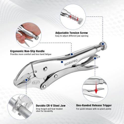 WORKPRO 5-Piece Locking Pliers Set, Pliers Tool Set, Vice Grips with Chrome-vanadium Steel, 5/7/10 inch Curved Jaw Pliers, 6.5/9 inch Long Nose Pliers by WORKPRO - Image 3