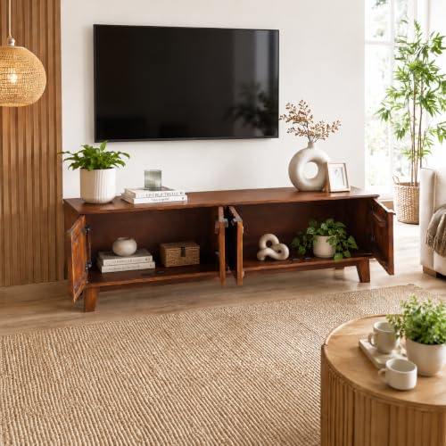 Image of The Attic Sculpt TV Cabinet, Solid Wood Sideboard TV Cabinet for Living Room, Wooden Free Standing TV Unit Side Board Table with Storage, Ant. Honey Matte Finish