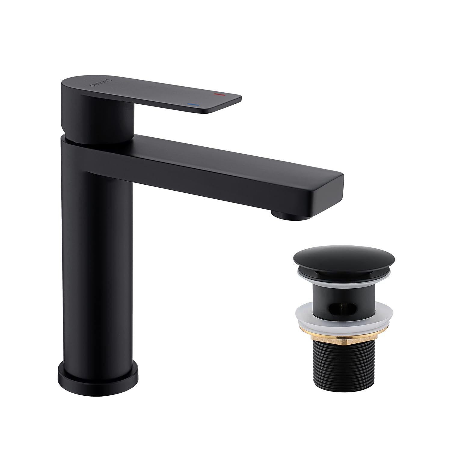 Decaura Grifo de baño con desagüe G1' 1/4 pop-up, pequeño grifo de lavabo con caño de altura 130 mm, grifo mezclador de acero inoxidable con desagüe (negro)