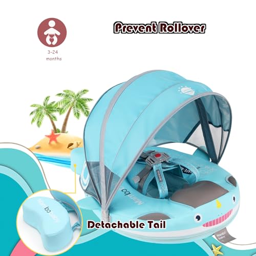Image of Baby Pool Float with UPF50+ 3D Adjustable Canopy, Add Tail Mambobaby Float Non Inflatable Infant Floats for Pool, Cartoon Narwhal Baby Floats (NGreen with Canopy-T05NGCTLUROHML01T05)