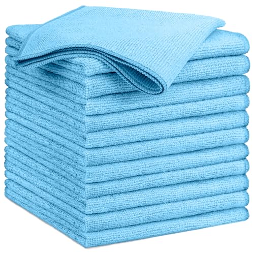 GLIMGLINT Blue Microfiber Cleaning Cloth 12PK Reusable Cleaning Rags Highly Absorbent Shop Rags Bulk All-Purpose Car Cleaning Towels for TV Screen Kitchen Bathroom Restaurant Garage 14X12