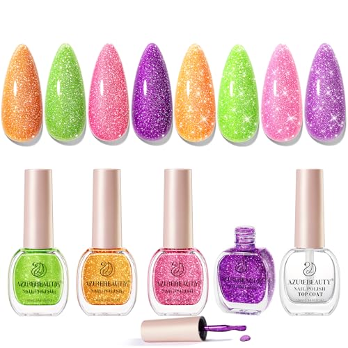 Image of AZUREBEAUTY Nail Polish Set, 4 Colors Flash Reactive Shimmer Glitter Neon Pink Orange Green Purple Spring Summer Long Lasting Quick Dry Natural Fingernail Lacquer Strengthening Kit with Top Coat