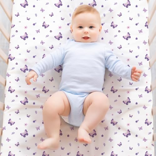 Image of 4 Pack Butterfly Baby Crib Sheets for Baby Girls Purple Crib Fitted Sheets for Standard Size Crib and Toddler Mattress Soft and Breathable (Crib)
