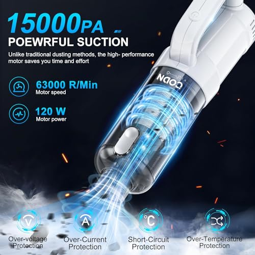 CODN Handheld Car Vacuum Cleaner, 2 in 1 Cordless Vacuum Cleaner & Air Duster, 15000PA High Power Suction Portable Rechargeable Vacuum with Multi-Nozzles for Car, Home, Office, Pet - Image 4
