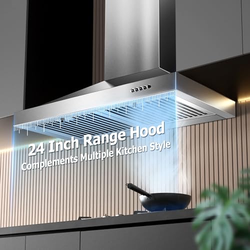 Image of 24 Inch Range Hood, Wall Mount Vent Hood in Stainless Steel with Ducted /Ductless Convertible Duct, 3 Speed Exhaust Fan, Energy Saving LED Light, Push Button Control, 2 Pcs Baffle Filters
