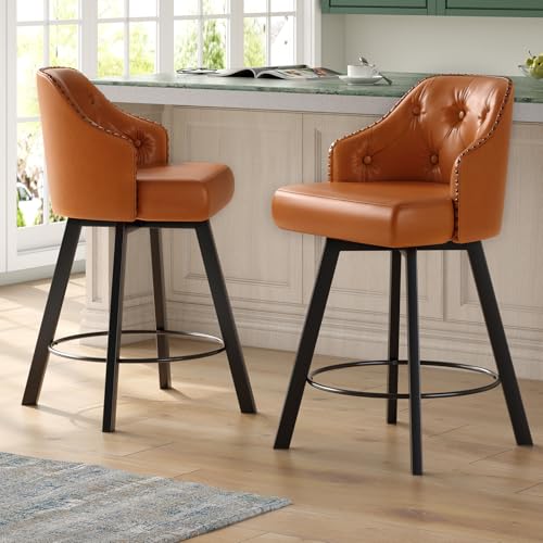 Tatub 26“ Brown Swivel Bar Stools Set of 2, Counter Height Bar Stools with Back, Upholstered Faux Leather Kitchen Barstools Counter Height for Kitchen Island - Thumbnail 3