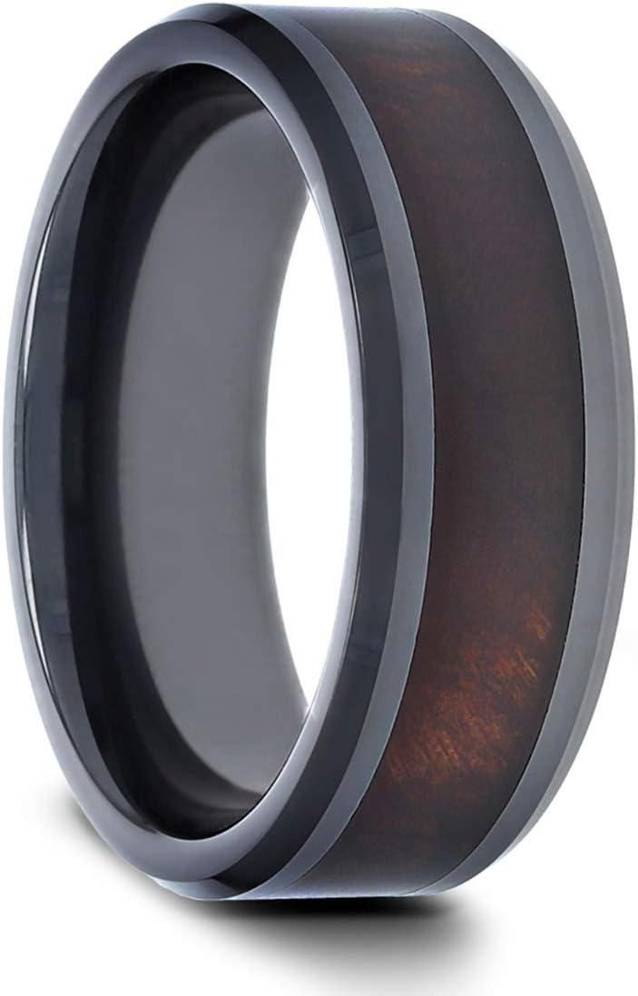 Eternal TungstenSequoia Men's Black Ceramic Wedding Band Redwood Inlaid Ring with Beveled Edges - 8mm