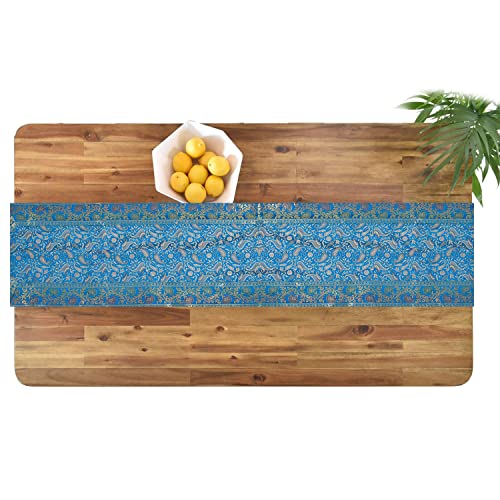 Image of E-EZRA Room Decor Banarasi Silk Handmade Flower V Shape Table Runner Dinning & Centre Table Long Runner Bed Runner Gold Tassels End Size 14 X 80 inches (Turquoise)