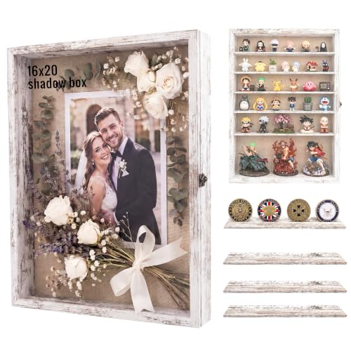 Image of GMFrames 16x20 Wooden Shadow Box Frame with Removable Shelves Deep Display Case for Military Medals Keepsakes White