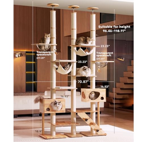 Image of Wood Cat Tree for Indoor Cats, Modern Cat Tower, Unique Cat Condo with House, Tall Luxury Furniture with Heavy Duty Wide Base, Kraft Paper Rope Scratching Post, Removable Cushion (96.5-118.1 inch)