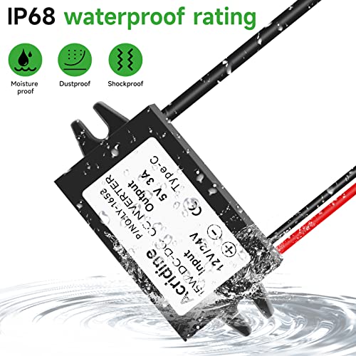 2-Pack DC 12V/24V to 5V USB C Buck Converter 3A 15W Type-C Output Charging Module Waterproof Buck Power Adapter Compatible with Raspberry Pi 4, Mobile3