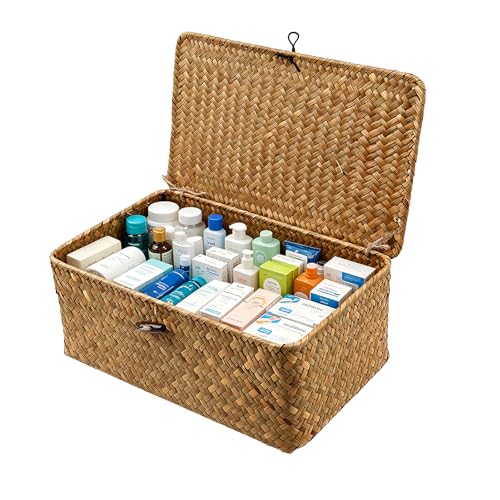 Aufbewahrungskorb aus geflochtenem Rattan Seegras Korb mit Deckel handgeflochten groß mit stabilem Drahtgestell Wäschekörbe Körbe & Aufbewahrungsbox Badezimmer Schlafzimmer Wohnzimmer(XXL)